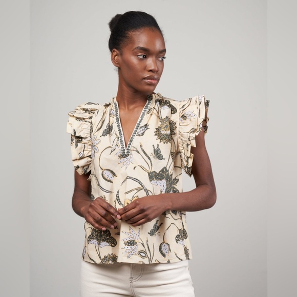 Ulla Johnson Floral Ruffle Short Sleeve Cotton Blouse Size 10 Large top Ladies - Picture 1 of 9